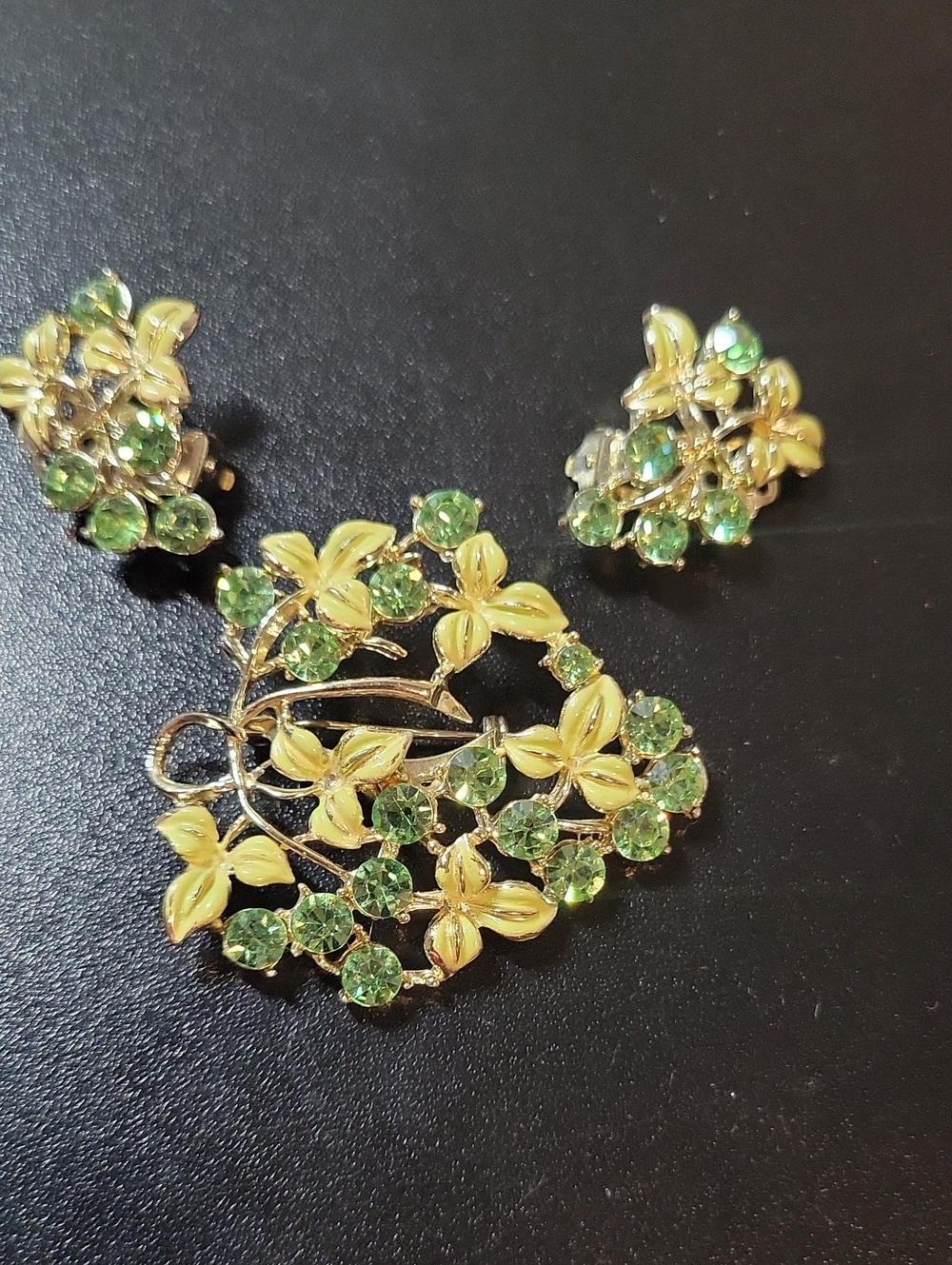 Gold-Tone Green Crystal Floral Brooch and Earrings Set